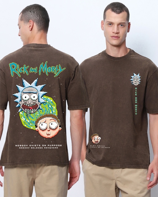 Shop Men's Brown Pixel Rick & Morty Graphic Printed Oversized Acid Wash T-shirt-Front