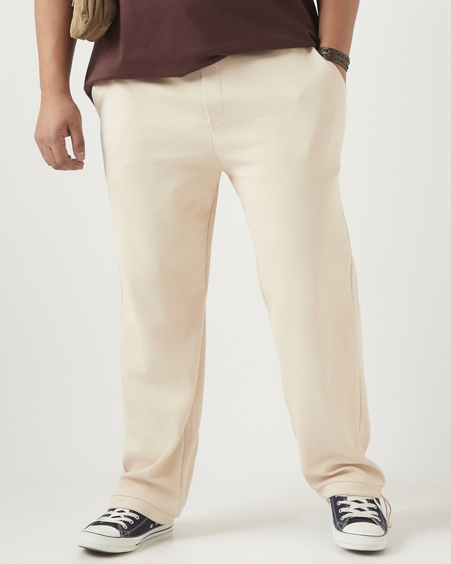 Shop Men's Beige Textured Oversized Plus Size Parachute Pants-Front