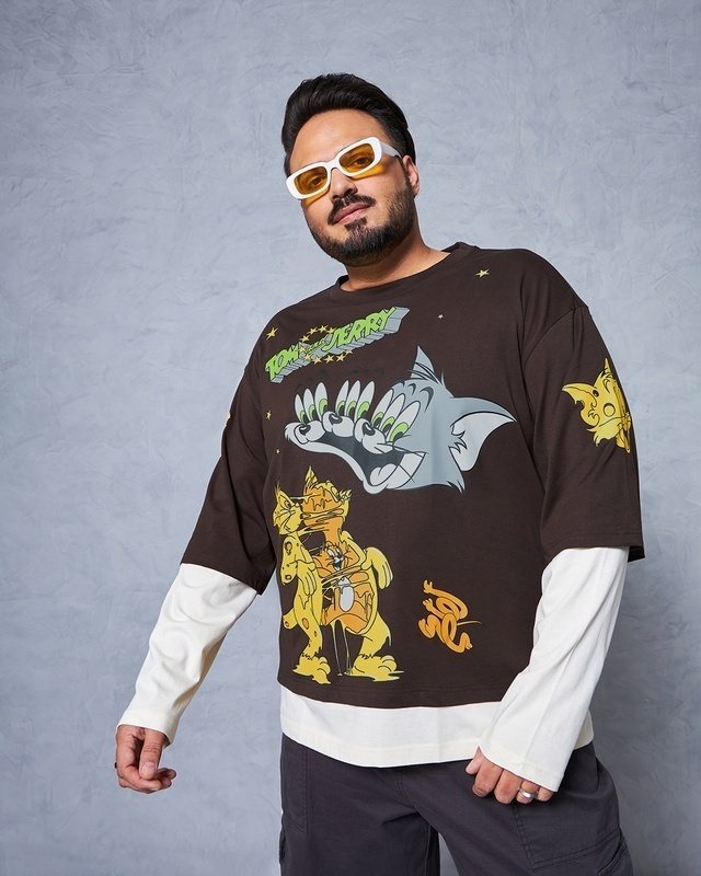 Shop Men's Brown Tom & Jerry Graphic Printed Oversized Plus Size T-shirt-Front