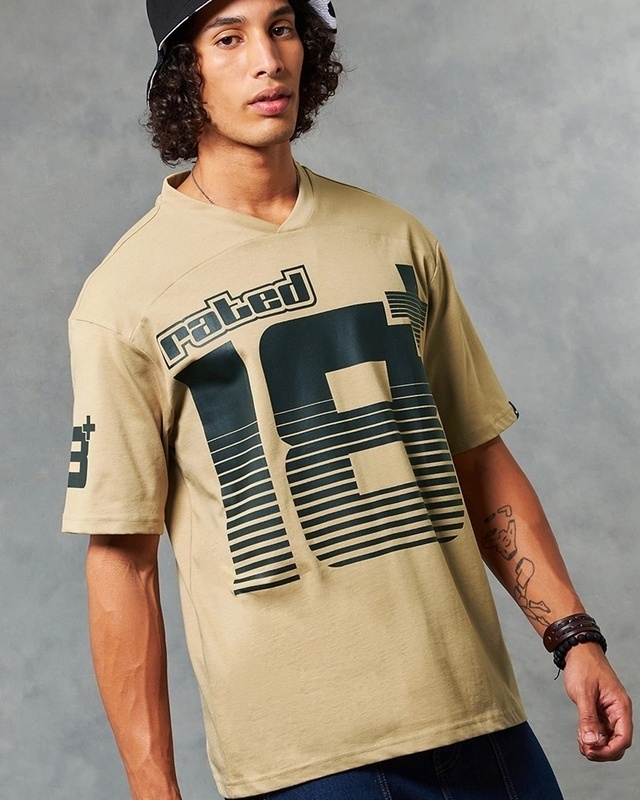 Shop Men's Brown Rated Color Block Oversized T-shirt-Front