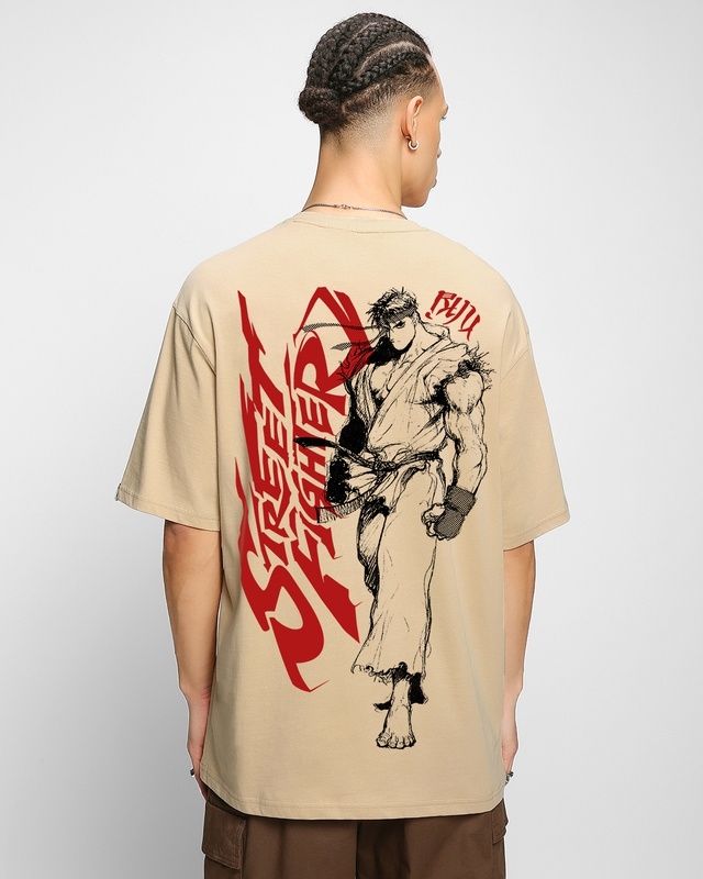 Shop Men's Brown Ryu Street Fighter Graphic Printed Oversized T-shirt-Front