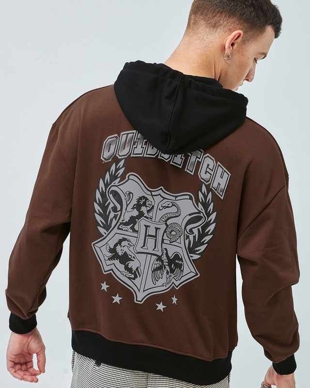 Shop Men's Brown Seeker Graphic Printed Oversized Hoodies-Front