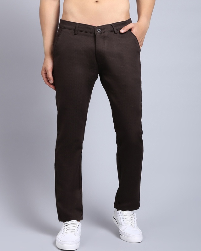 Shop Men's Brown Self Designed Slim Fit Trousers-Front