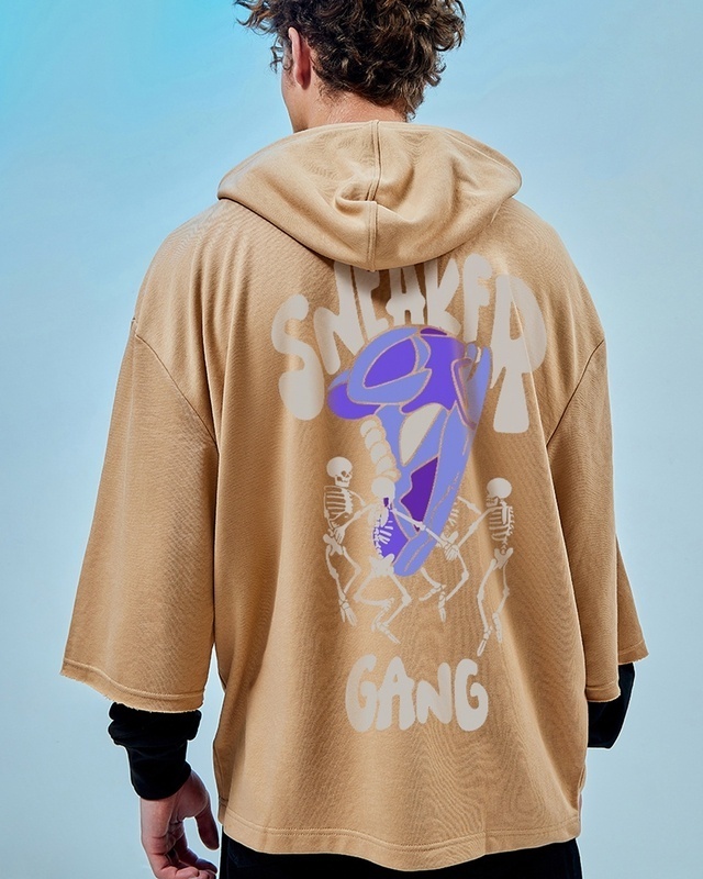 Shop Men's Brown Sneaker Gang Graphic Printed Super Loose Fit Hoodies-Front