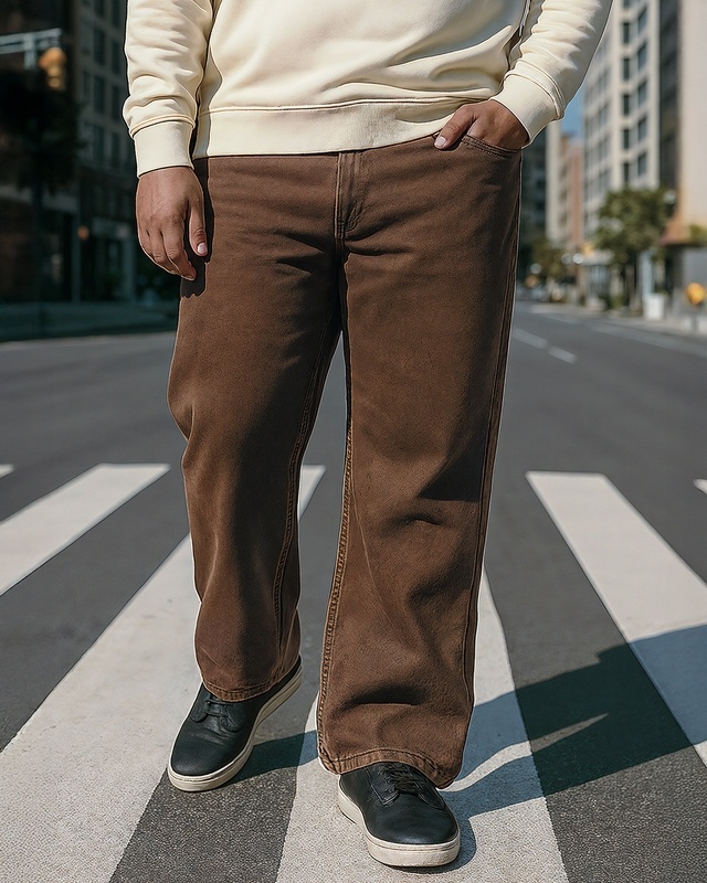 Men's Brown Straight Fit Plus Size Acid Wash Jeans