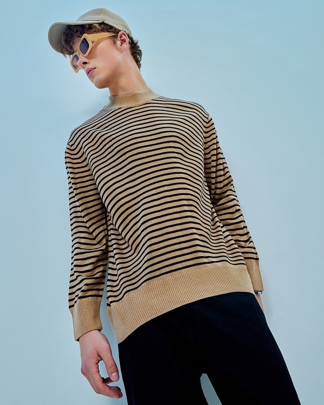 Shop Men's Brown Striped Oversized Flatknit Sweater-Front
