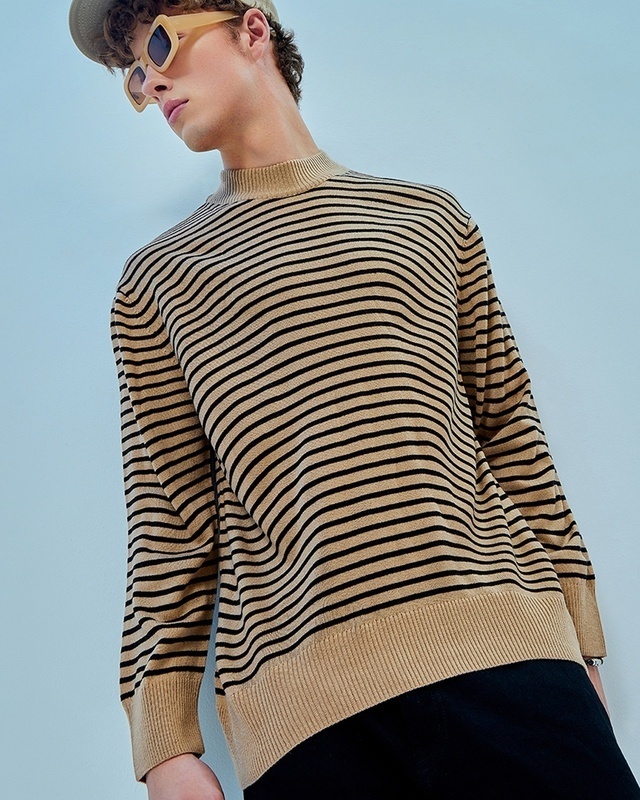 Shop Men's Brown Striped Oversized Flatknit Sweater-Front