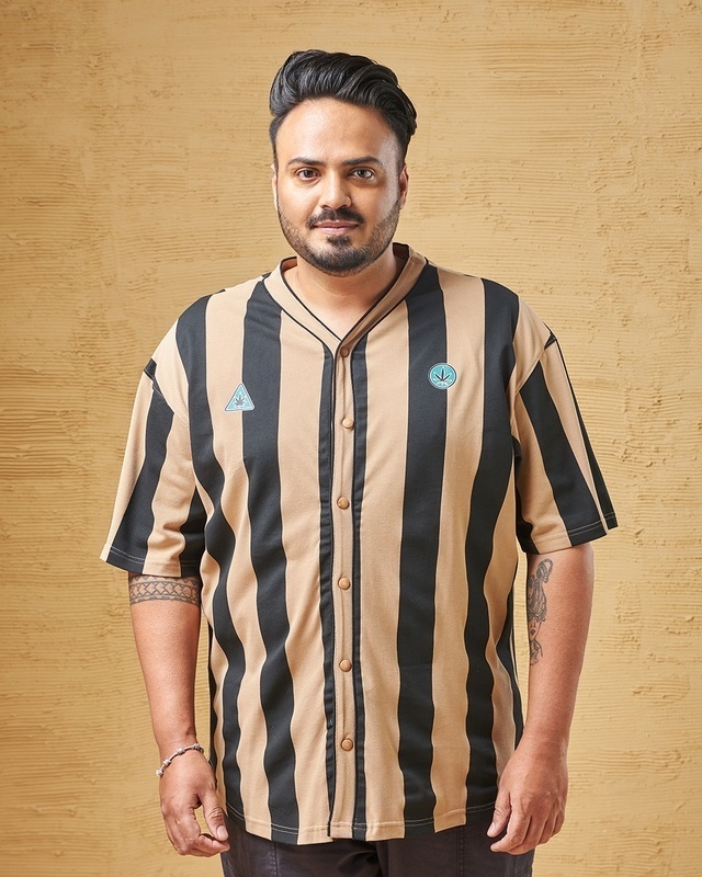 Shop Men's Brown & Black Striped Oversized Plus Size Shirt-Front