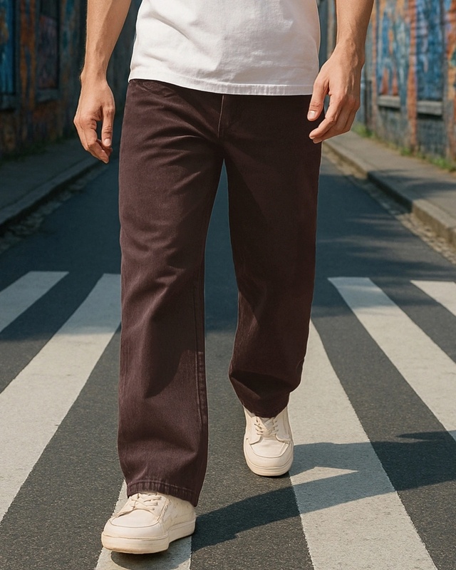 Shop Men's Brown Super Baggy Fit Mid-Rise Jeans-Front