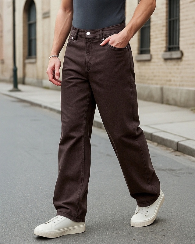 Shop Men's Brown Super Baggy Fit Mid-Rise Jeans-Front