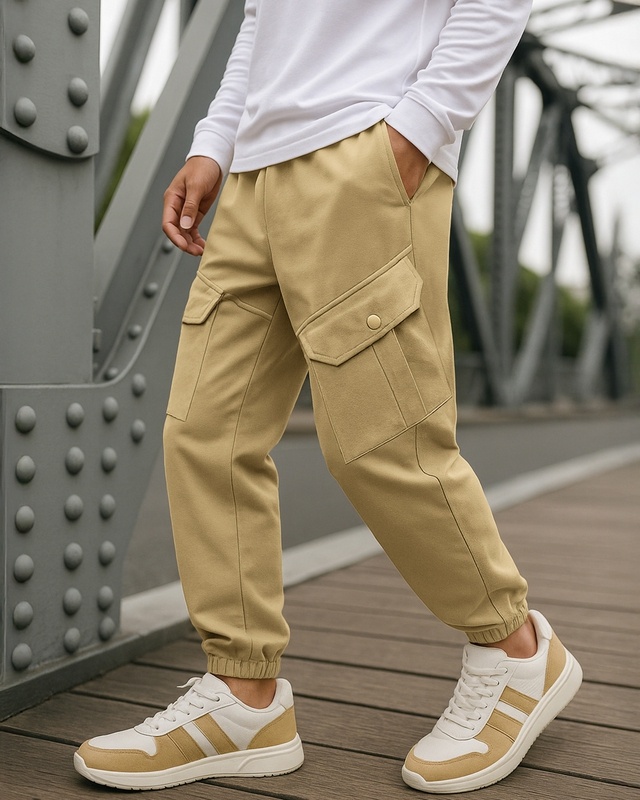 Shop Men's Brown Super Loose Fit Cargo Joggers-Front