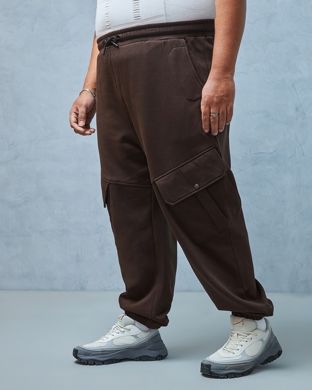 Shop Men's Brown Super Loose Fit Plus Size Cargo Joggers-Front