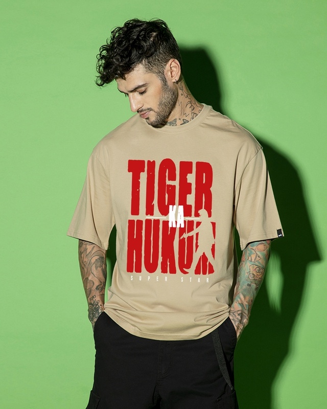 Shop Men's Brown Tiger Ka Hukum Graphic Printed Oversized T-shirt-Front