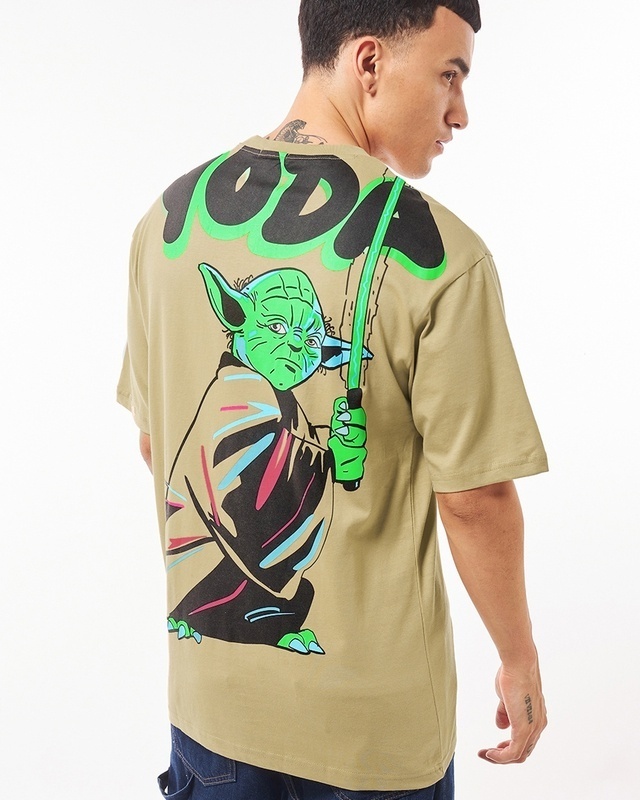 Shop Men's Brown Yoda Graphic Printed Oversized T-shirt-Front