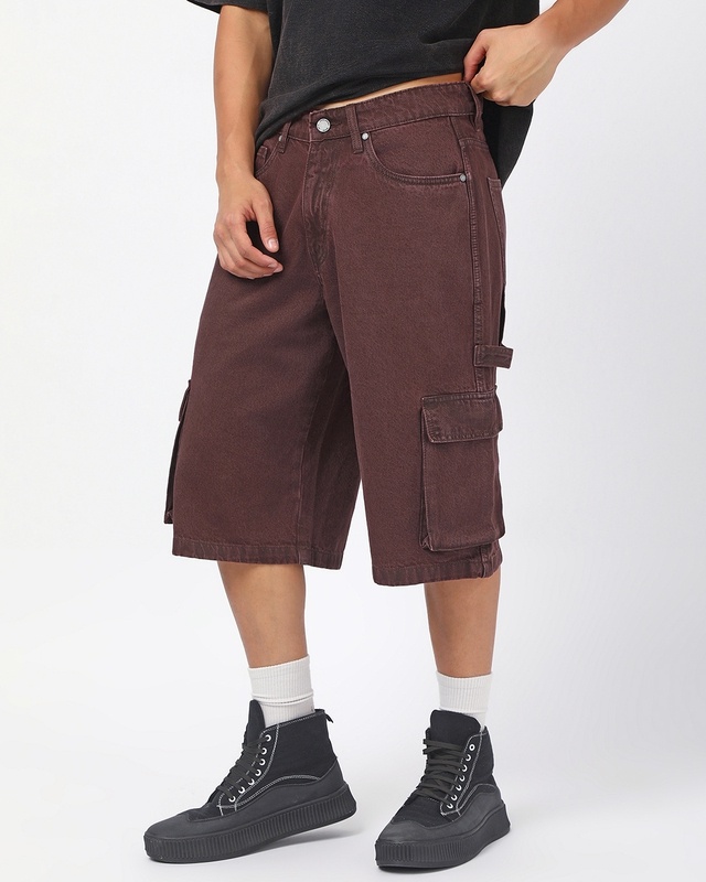 Shop Men's Brown Washed Straight Fit Cargo Carpenter Shorts-Front