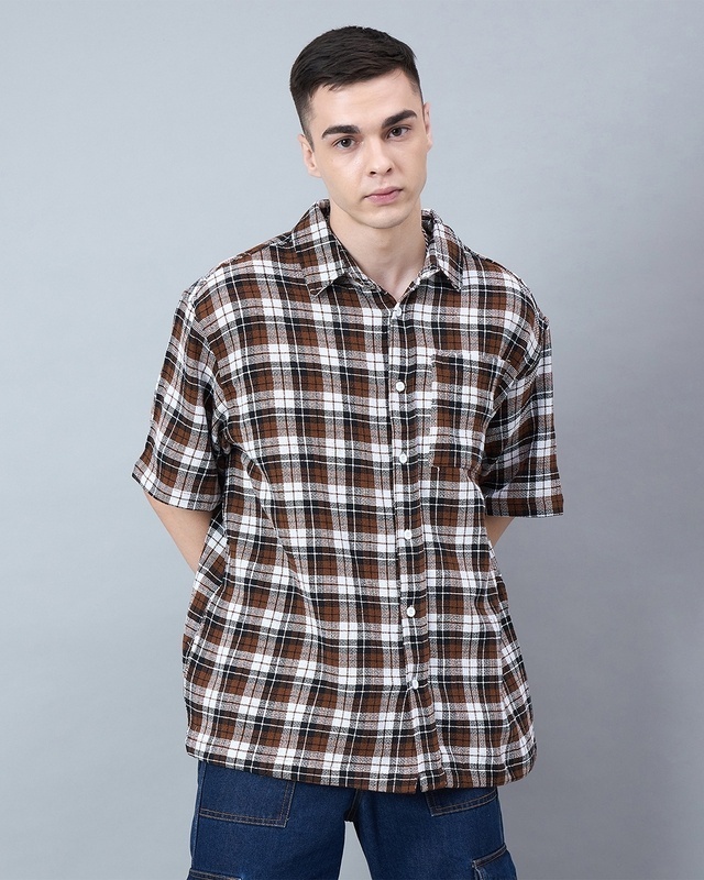 Shop Men's Brown & White Checked Oversized Shirt-Front