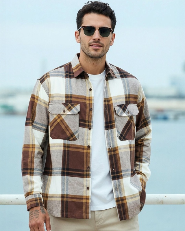 Shop Men's Brown & White Checked Oversized Shirt-Front