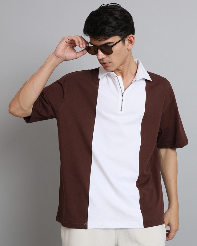 Shop Men's Brown & White Color Block Oversized Polo Zipper T-shirt-Front