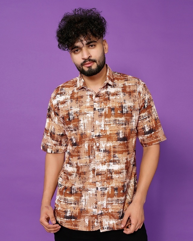 Shop Men's Brown & White Corduroy All Over Printed Relaxed Fit Shirt-Front