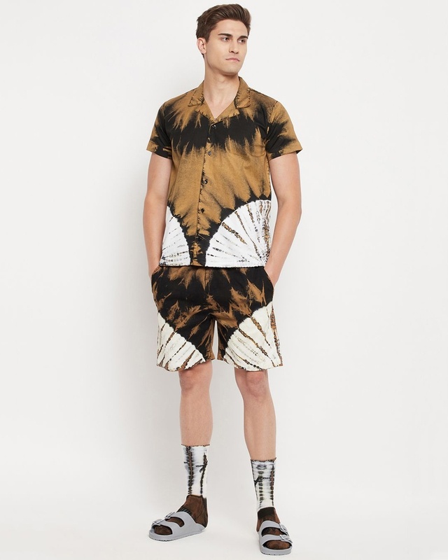 Shop Men's Brown & White Tie & Dye Slim Fit Shirt & Shorts Set with Matching Socks-Front