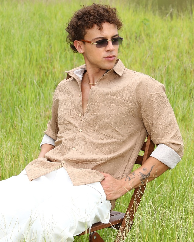 Shop Men's Buff Beige Textured Shirt-Front