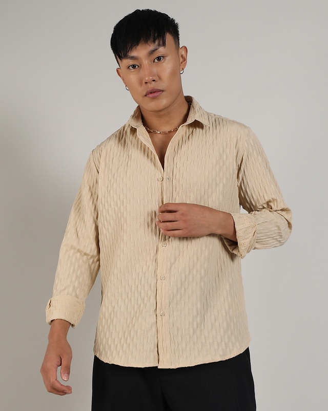Shop Men's Butter Yellow Textured Relaxed Fit Shirt-Front