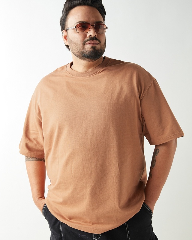 Shop Men's Camel Brown Oversized Plus Size T-shirt-Front