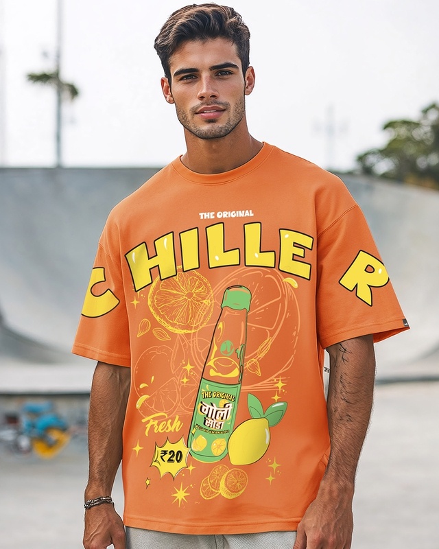 Shop Men's Caramel Orange Chiller Graphic Printed Oversized T-shirt-Front