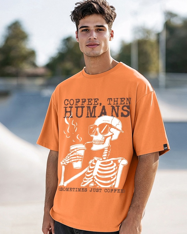 Shop Men's Caramel Orange Coffee Then Humans Graphic Printed Oversized T-shirt-Front
