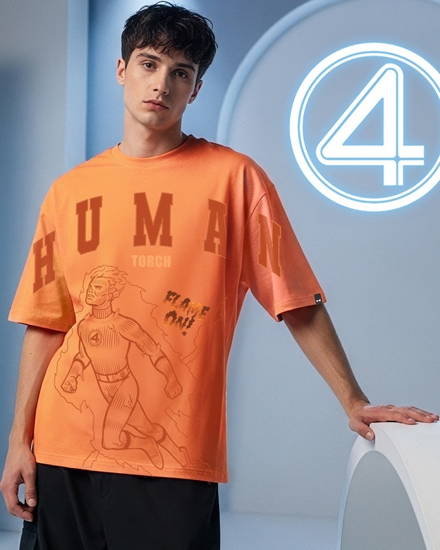 Shop Men's Caramel Orange Human Torch Graphic Printed Oversized T-shirt-Front