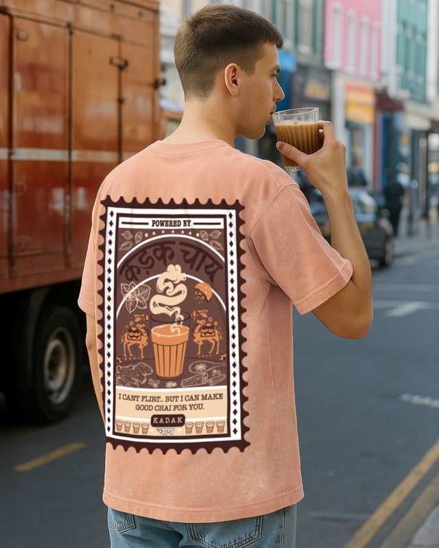 Shop Men's Caramel Orange Kadak Chai Graphic Printed Oversized Acid Wash T-shirt-Front