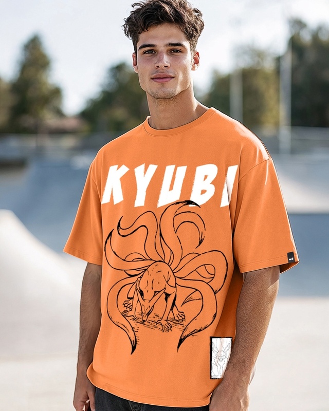 Shop Men's Caramel Orange Kyubi 9 Tails Graphic Printed Oversized T-shirt-Front