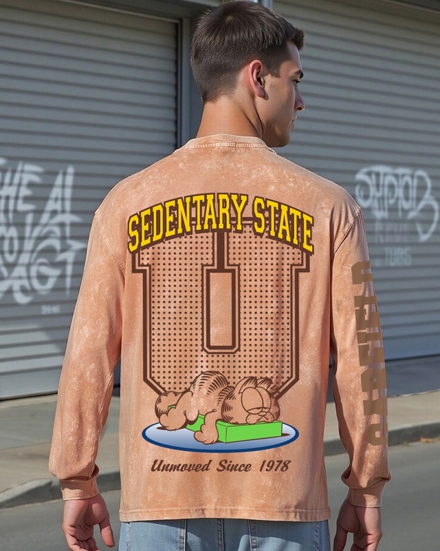 Shop Men's Caramel Orange Sedentary State Graphic Printed Oversized Acid Wash T-shirt-Front