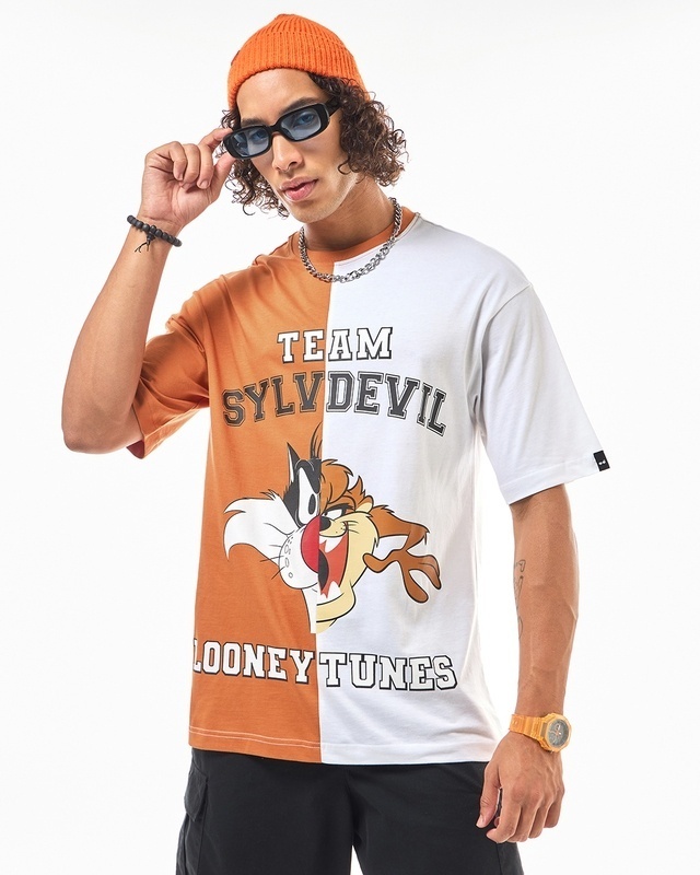 Shop Men's Orange & White Looney Tunes Graphic Printed Oversized T-shirt-Front