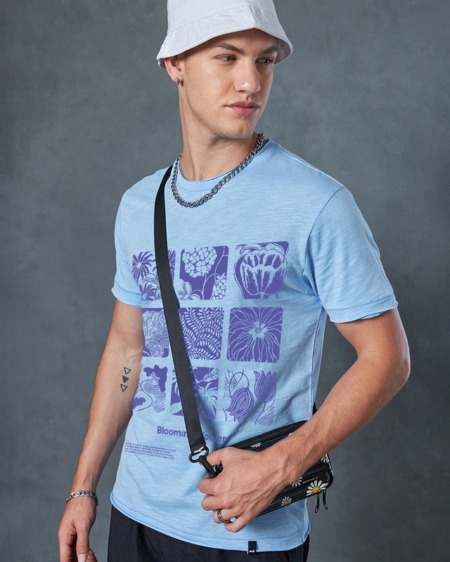 Shop Men's Chambray Blue Blooming Flower Graphic Printed T-shirt-Front
