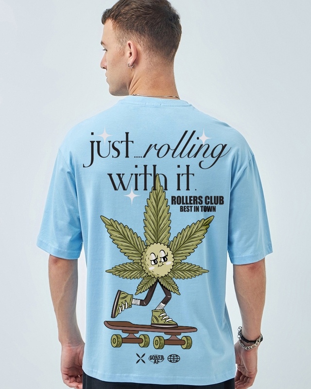 Shop Men's Chambray Blue Justrolling Graphic Printed Oversized T-shirt-Front