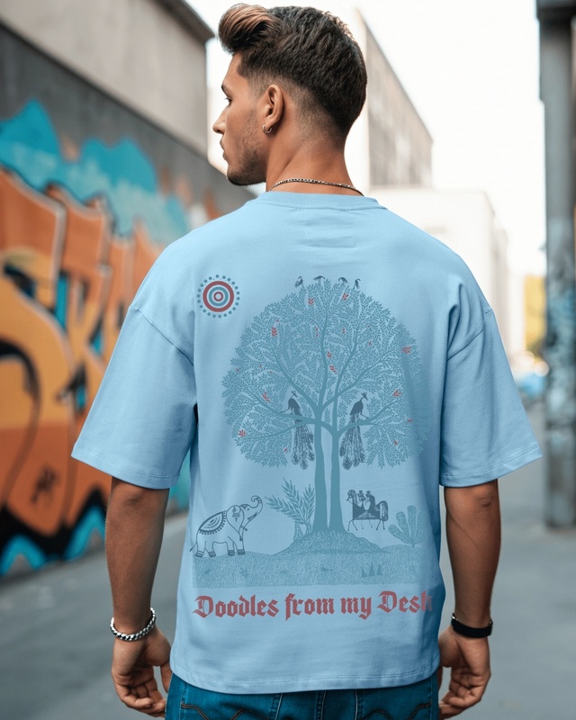 Men's Chambray Blue Tatva Doodles Graphic Printed Oversized T-shirt