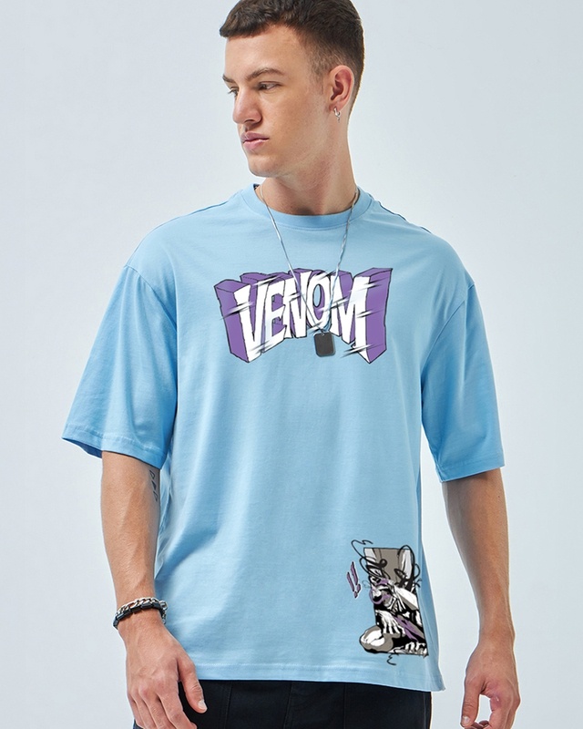 Shop Men's Chambray Blue Venom Graphic Printed Oversized T-shirt-Front