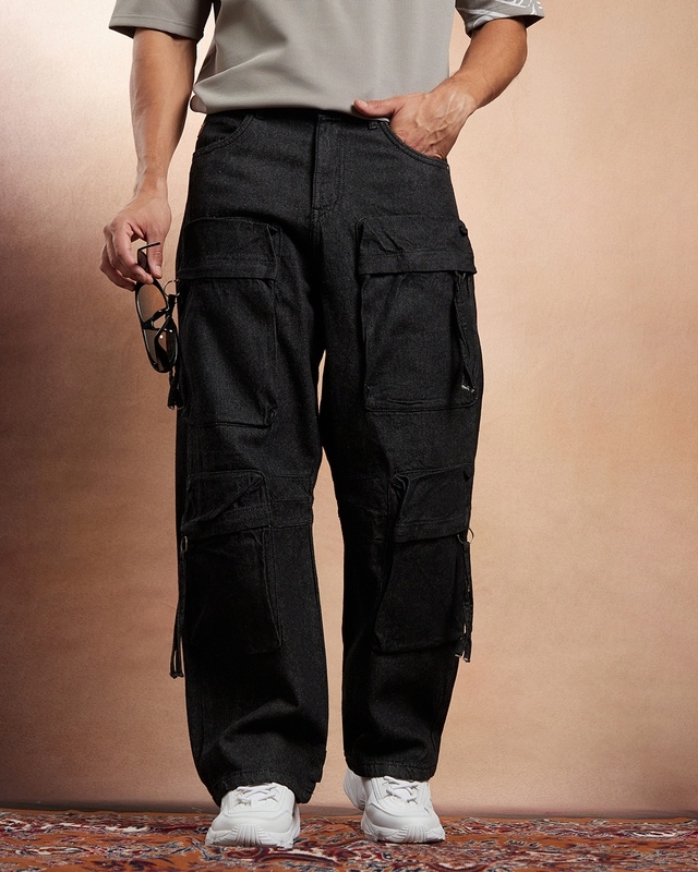 Men's Charcoal Black Washed Relaxed Fit Cargo Jeans