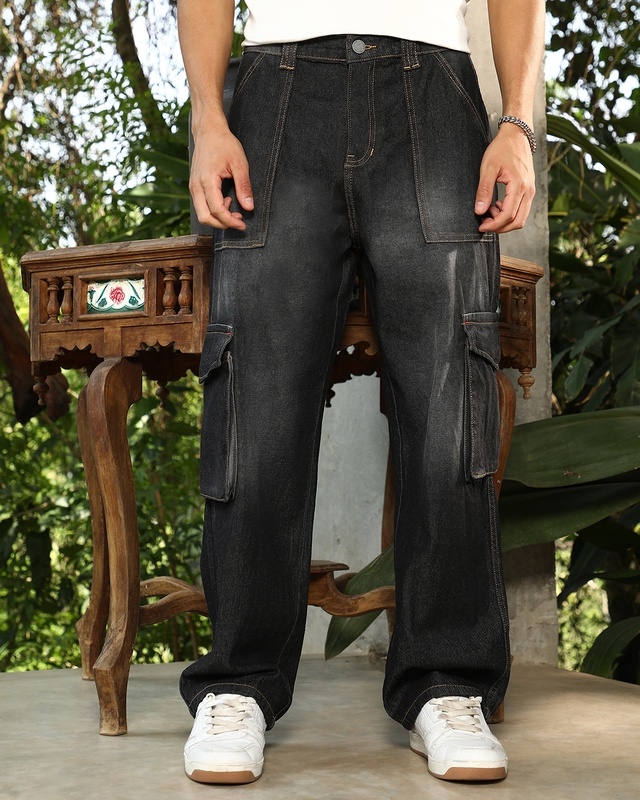 Shop Men's Charcoal Black Washed Straight Fit Cargo Jeans-Front