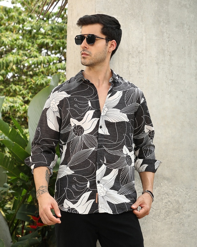 Shop Men's Charcoal Black & White All Over Floral Printed Shirt-Front