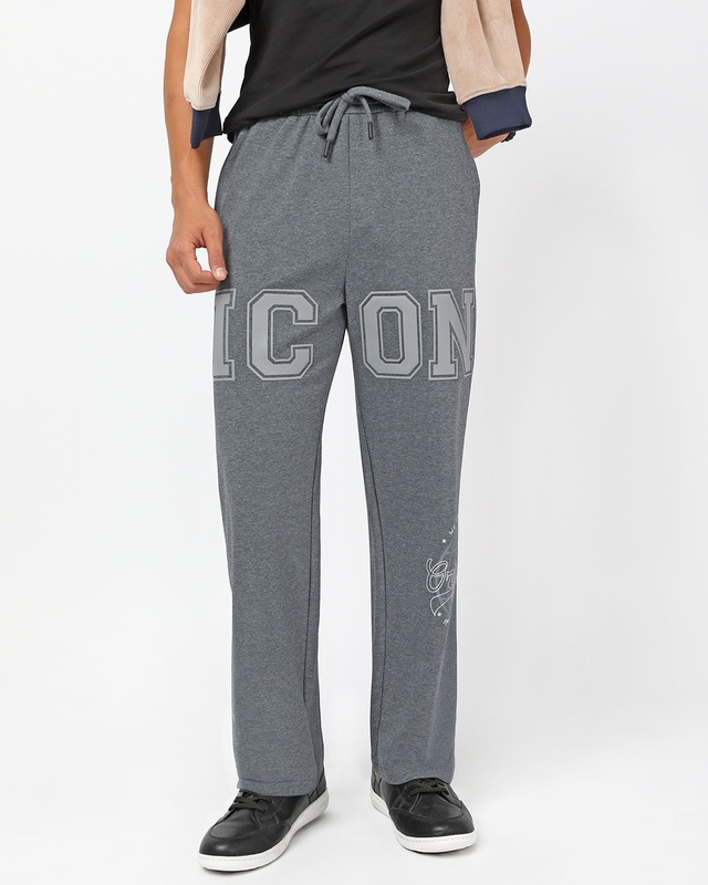 Shop Men's Charcoal Grey Icon Graphic Printed Oversized Wide Leg Track Pants-Front