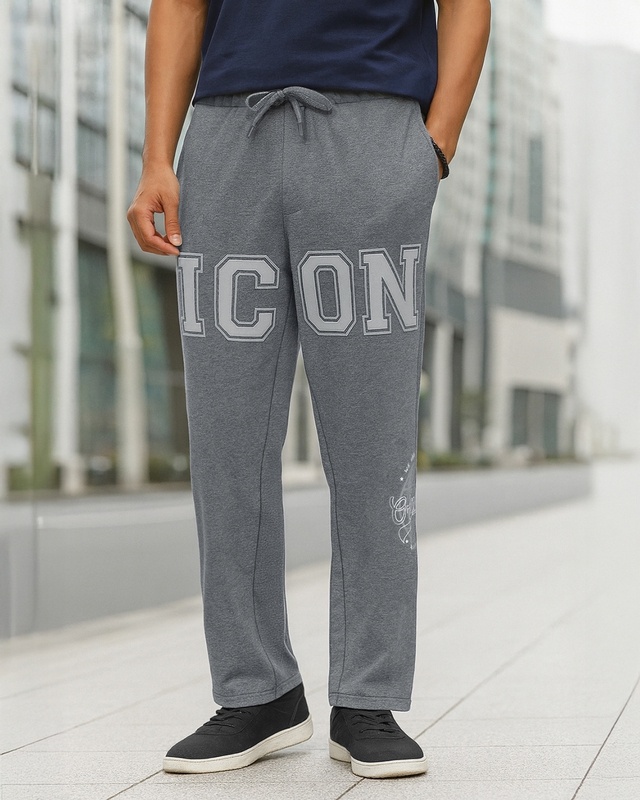 Shop Men's Charcoal Grey Melange Icon Graphic Printed Oversized Track Pants-Front