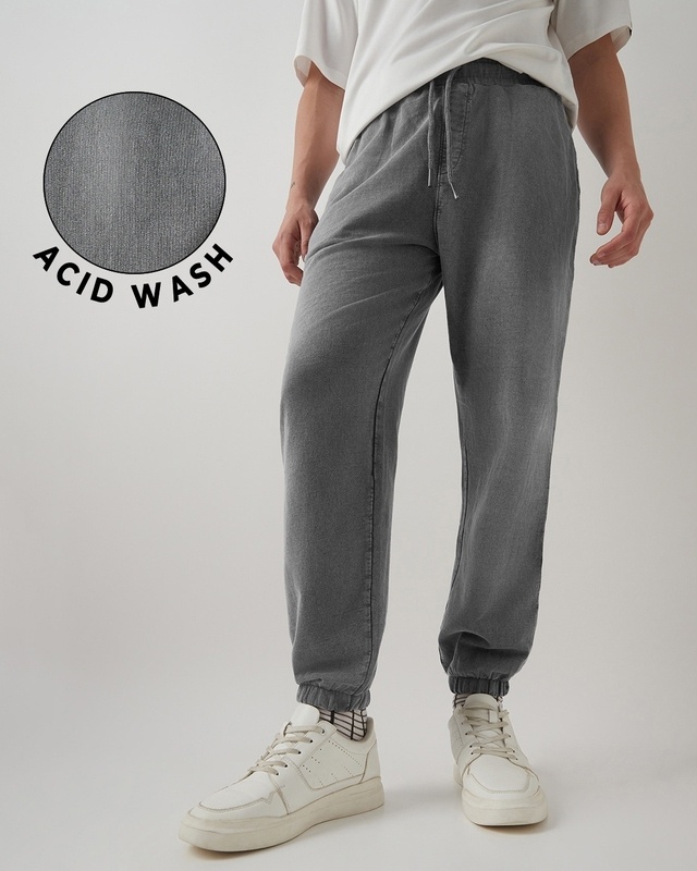 Shop Men's Charcoal Grey Oversized Acid Wash Joggers-Front