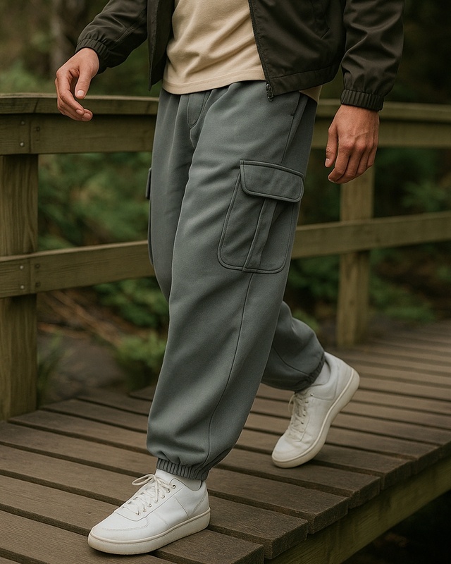 Shop Men's Charcoal Grey Oversized Brushed Cargo Joggers-Front