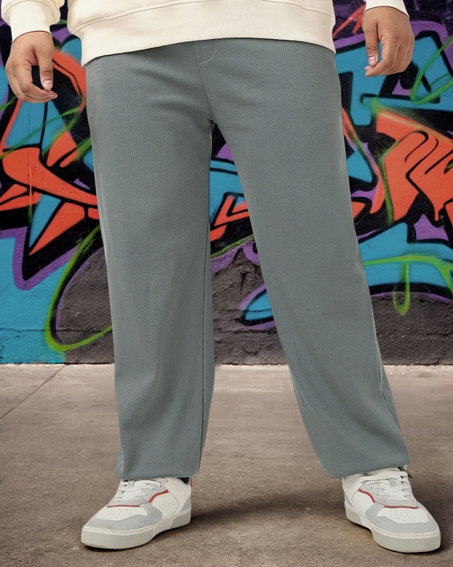 Shop Men's Charcoal Grey Plus Size Textured Oversized Parachute Pants-Front