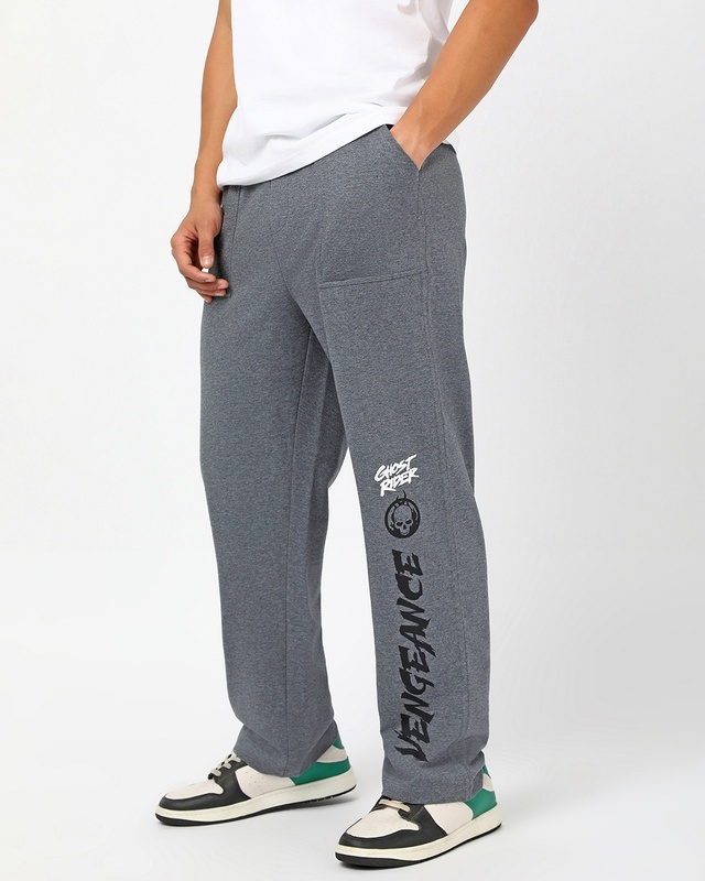 Shop Men's Charcoal Grey Vengeance Typography Oversized Track Pants-Front