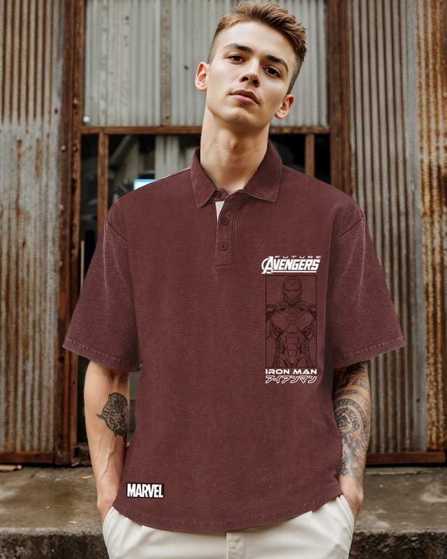Shop Men's Chocolate Brown Iron Man Graphic Printed Oversized Acid Wash Polo T-shirt-Front