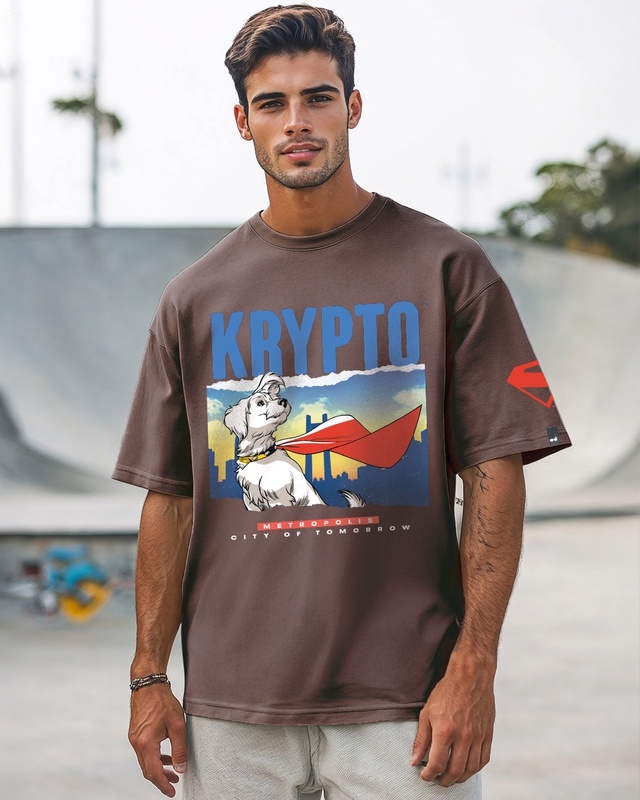 Shop Men's Chocolate Brown Krypto Graphic Printed Oversized T-shirt-Front