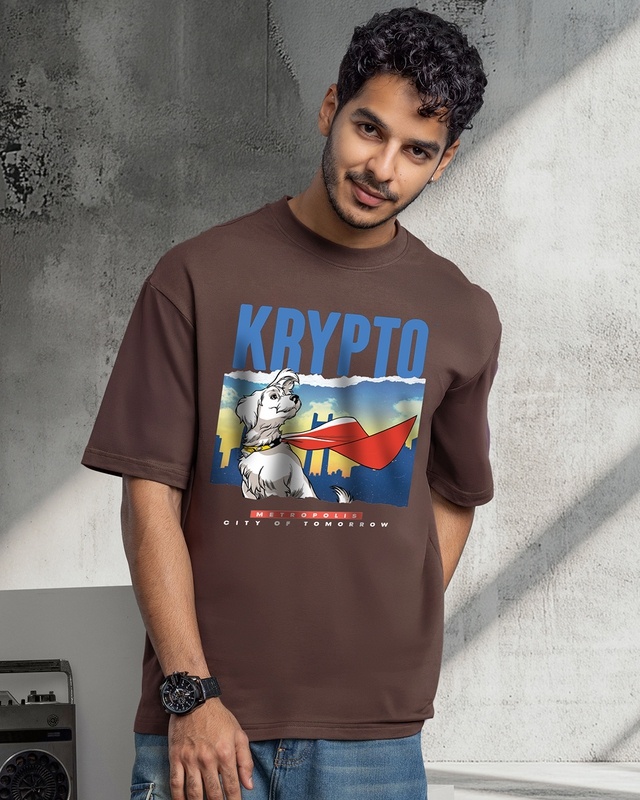 Shop Men's Chocolate Brown Krypto Graphic Printed Oversized T-shirt-Front